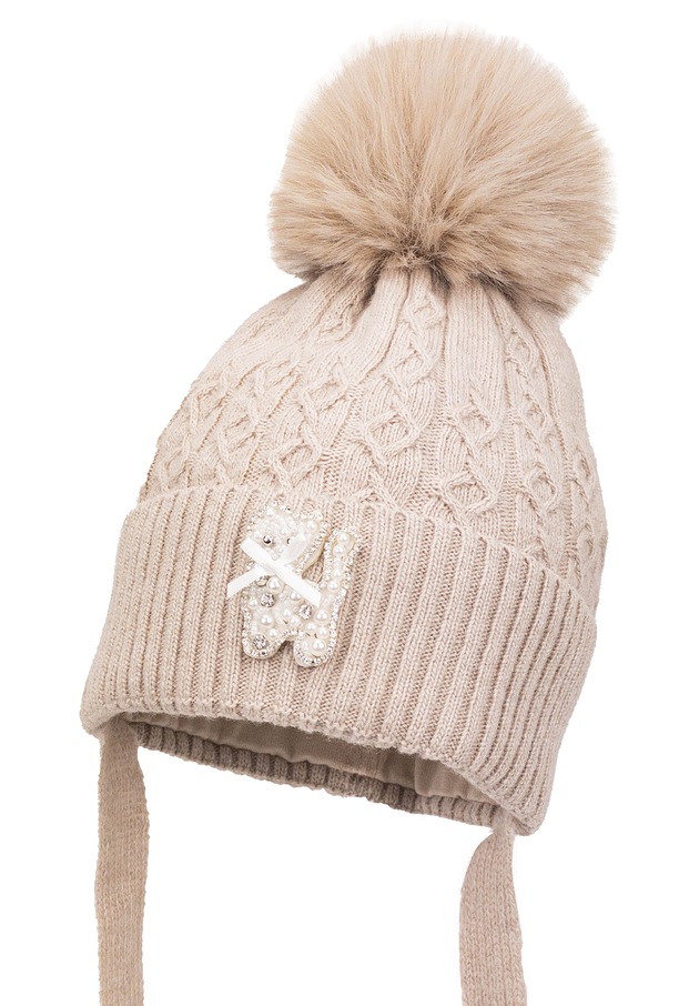 Dziewczęca czapka na zimę ANE z pomponem latte