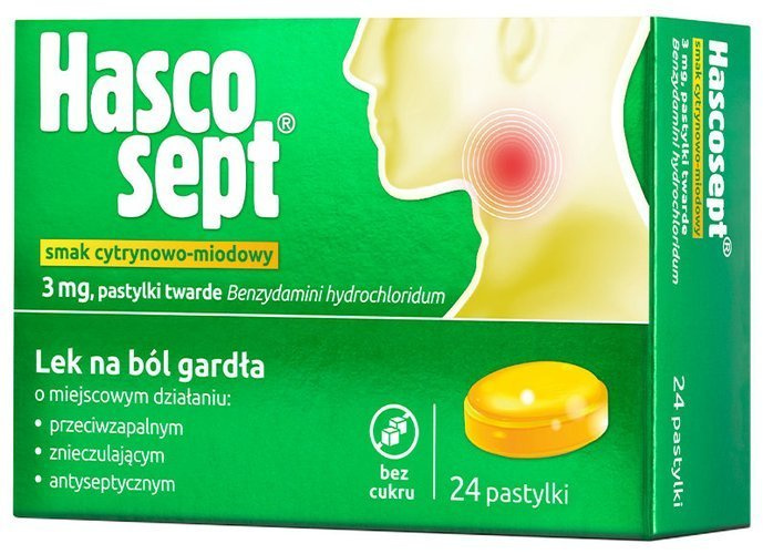 Hascosept, 3 mg, smak cytrynowo-miodowy, 24 pastylko do ssania  |   !! 3677824