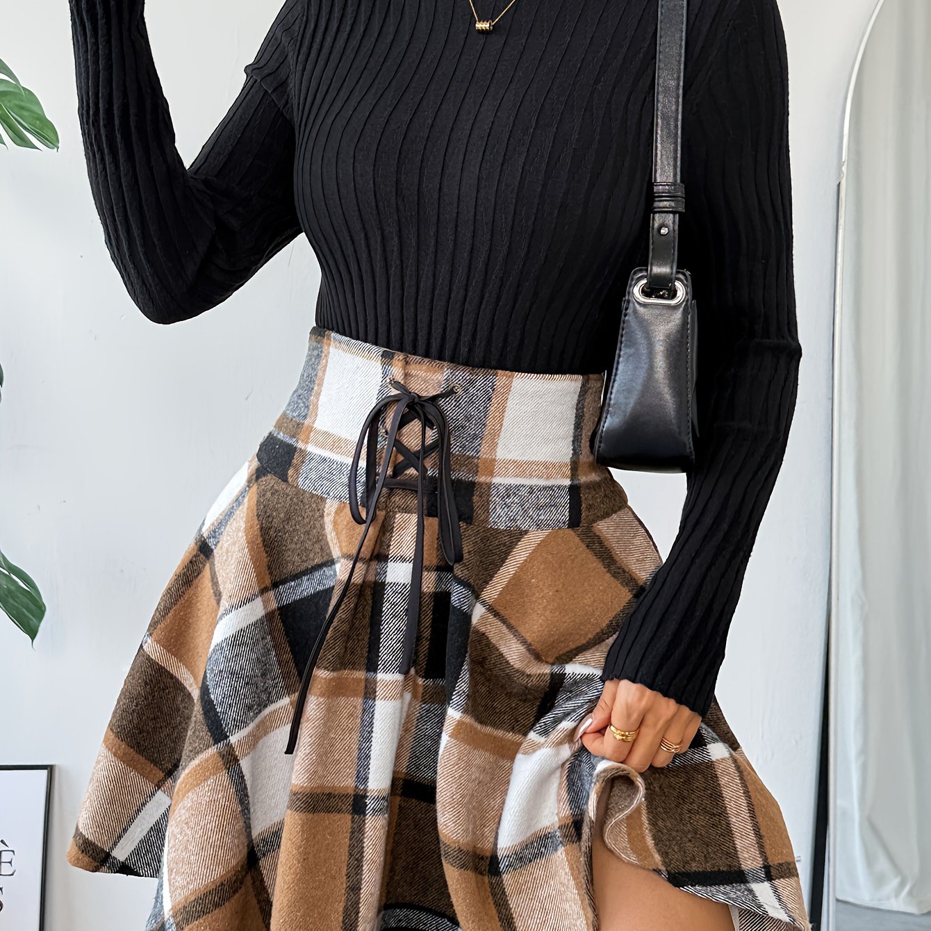 TEMU Elegancka, seksowna spódnica w kratę w stylu vintage z wysokim stanem dla kobiet - rozkloszowany krój A z paskiem w talii i brązowym wzorem