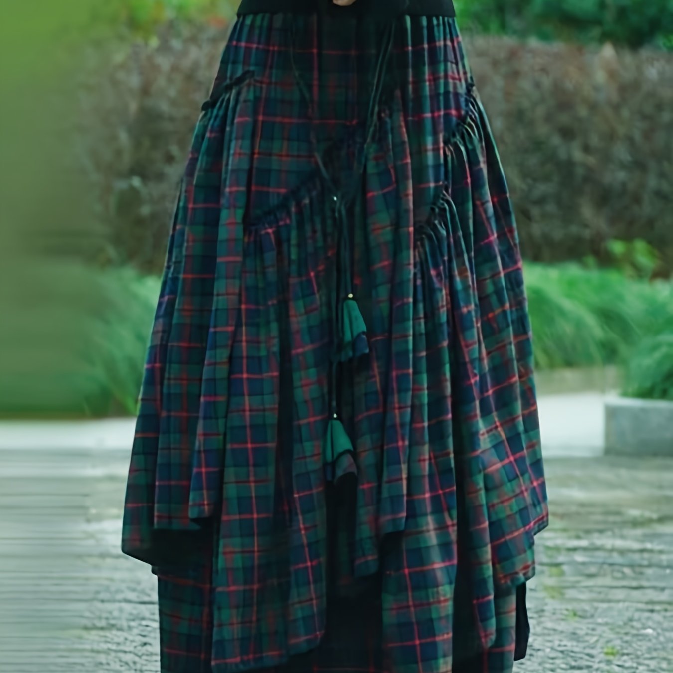 TEMU Spódnica w stylu Victorian Gothic Handmade z frędzlami i kratą 2025 Asymetryczna spódnica plażowa z falbankami i wysokim stanem