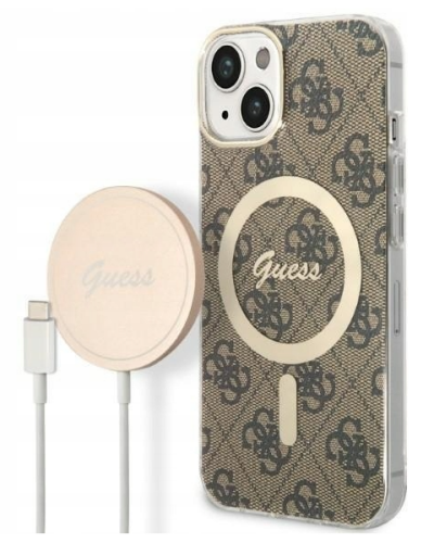 Etui do iPhone 14 Guess 4G Gold Brown Magsafe + Charger - brązowe