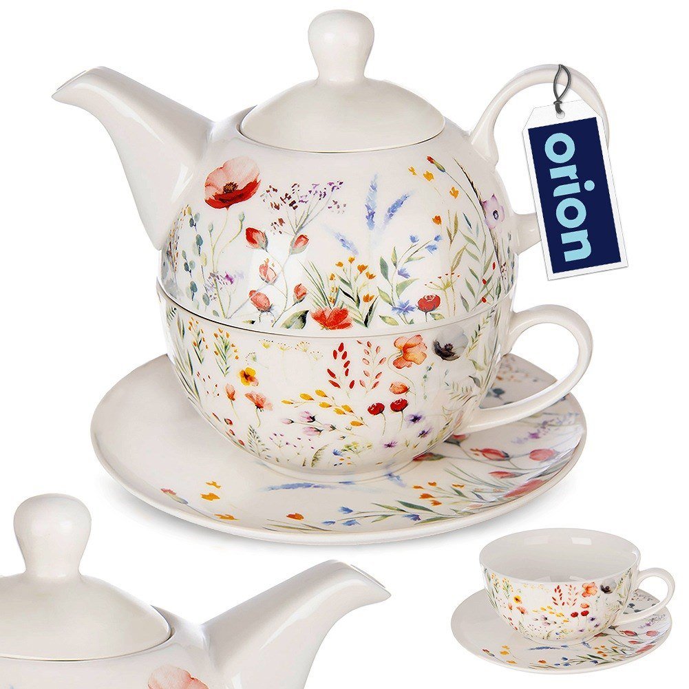 Dzbanek z filiżanką do herbaty zestaw porcelanowy biały 3-ele MAKI ORION 129662