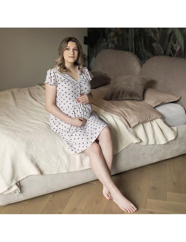 Eevi Koszula Ciążowa i do karmienia Linda beżowa w serduszka S