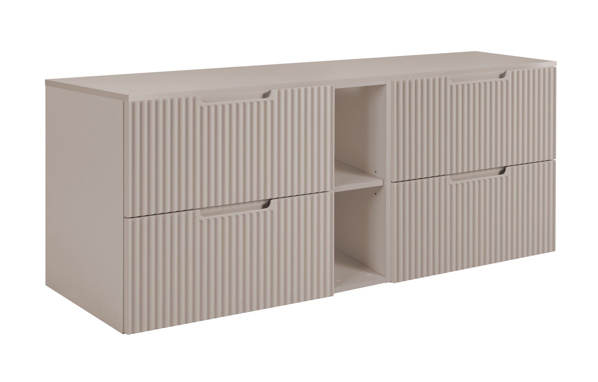 Zestaw mebli łazienkowych Rodan Vena z szafkami podumywalkowymi 60 cm z szafką otwartą i blatem 140 cm kaszmir