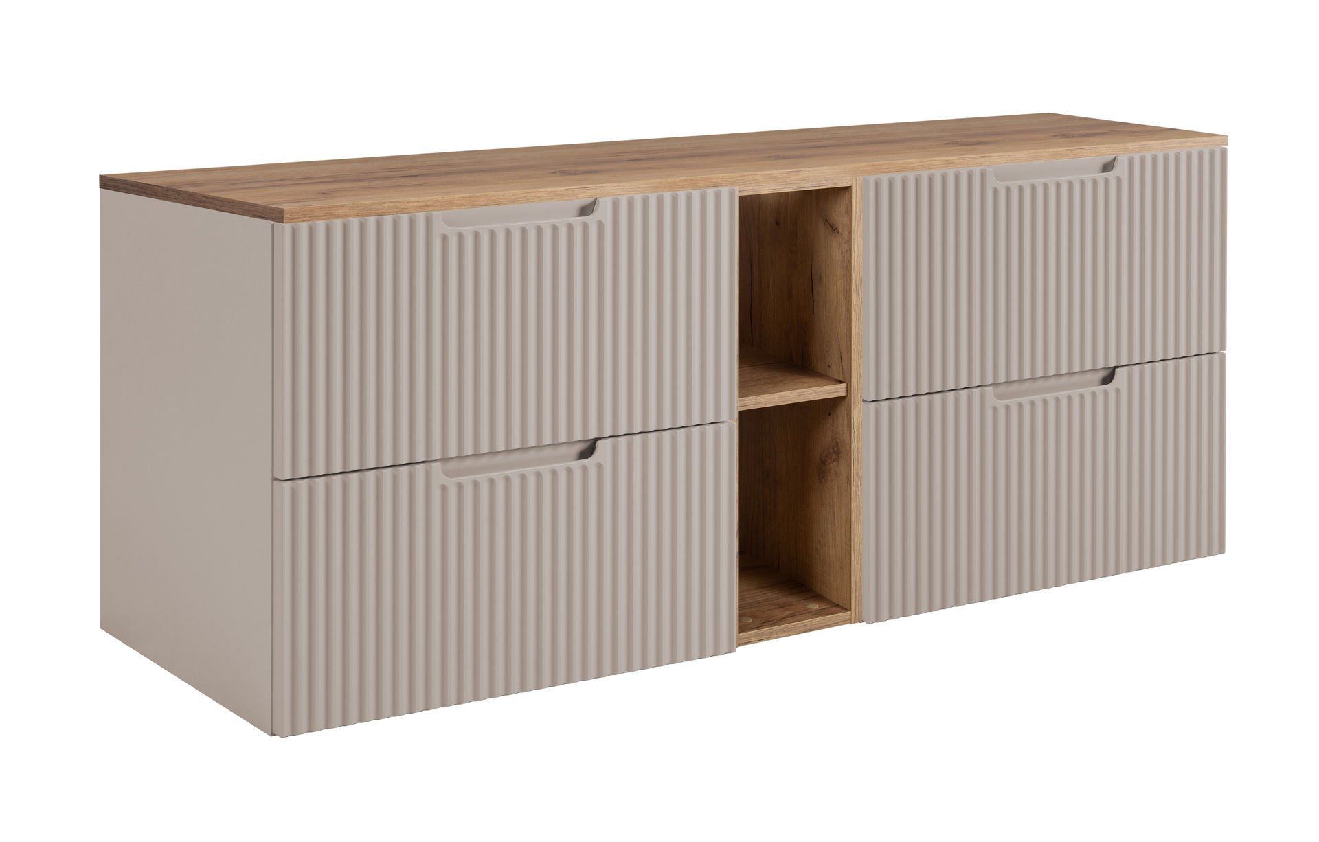Zestaw mebli łazienkowych Rodan Vena z szafkami podumywalkowymi 80 cm kaszmir z szafką otwartą i blatem 180 cm dąb craft