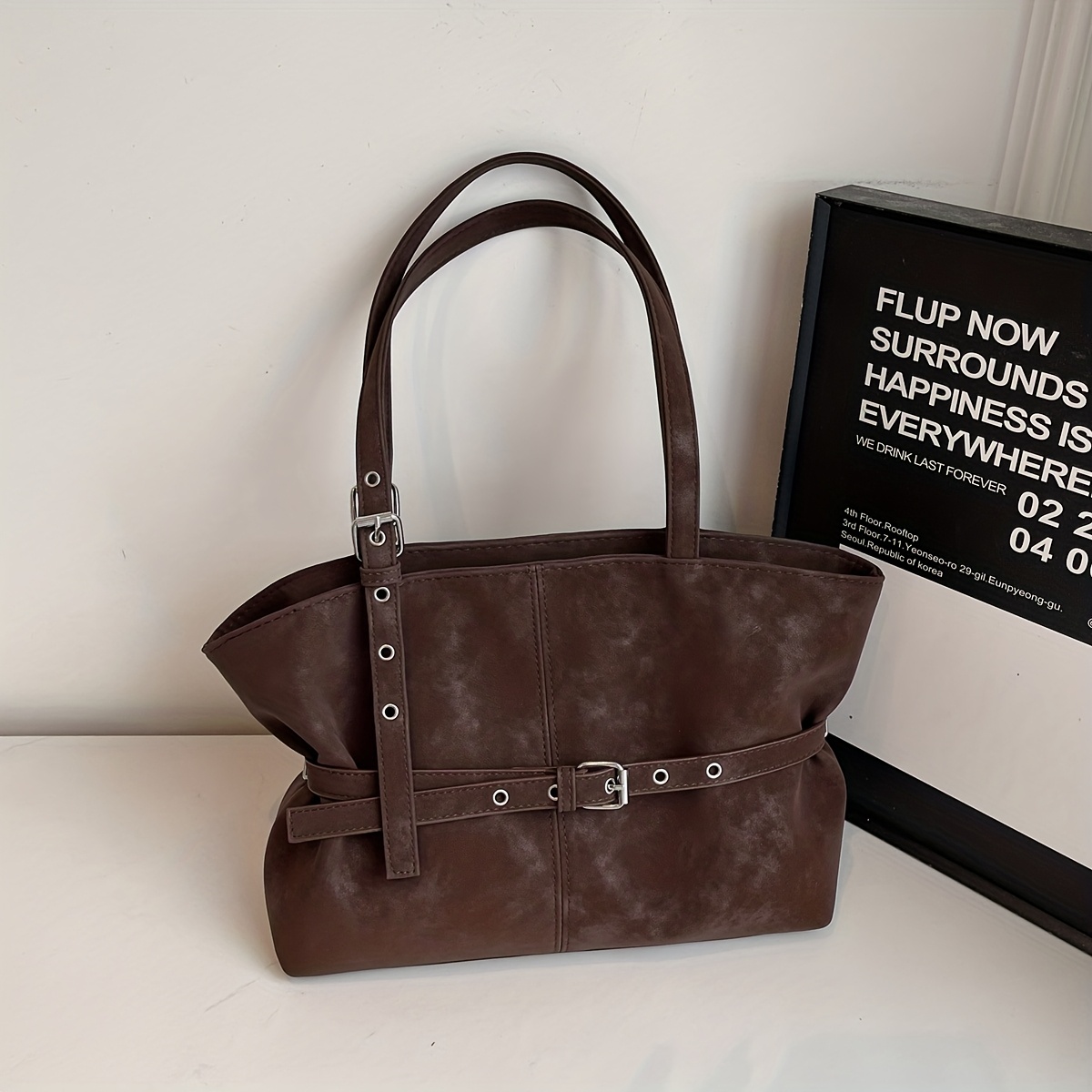 TEMU Damska Torba Vintage o Dużej Pojemności - Kawa Brązowa/Czarna/, Wytrzymała Torebka z Gładkim Zamkiem Błyskawicznym i Metalowymi Sprzączkami w