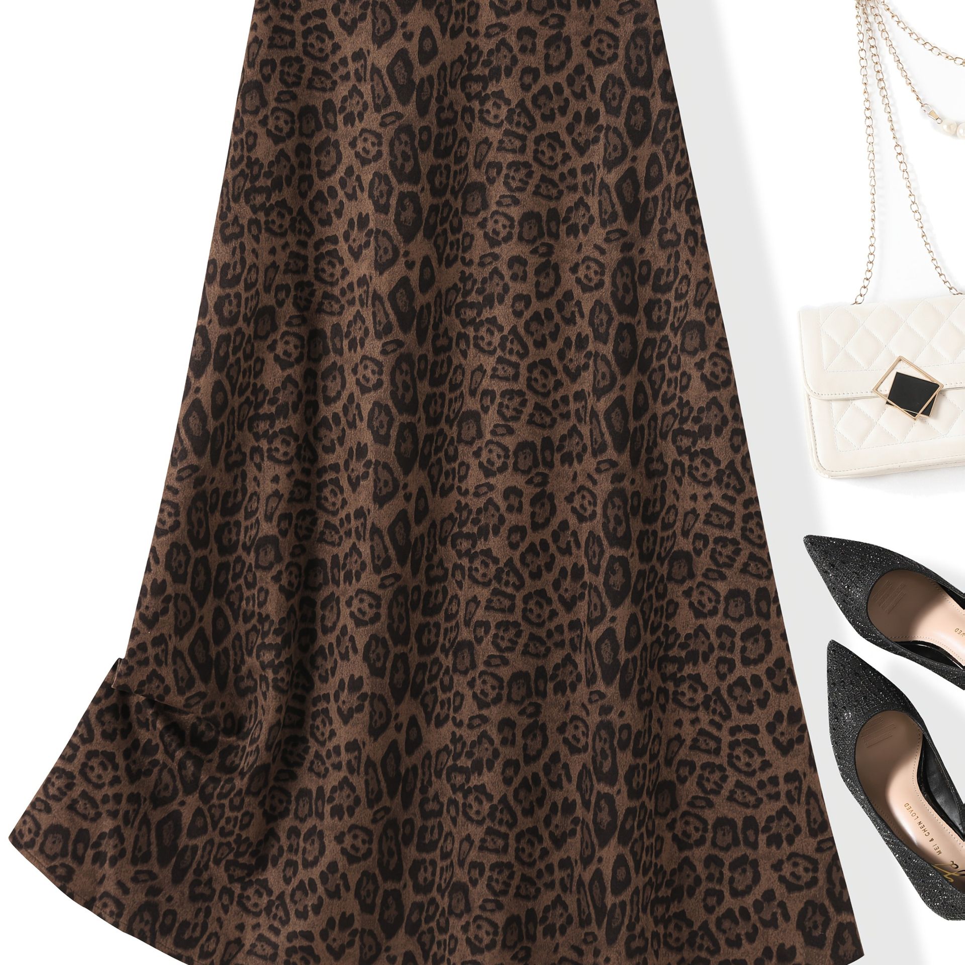 TEMU Elegancka spódnica damska w panterkę o kroju litery A - Elastyczny pas, rozkloszowany dół, uniwersalna na każdą porę roku, od biura na imprezę,