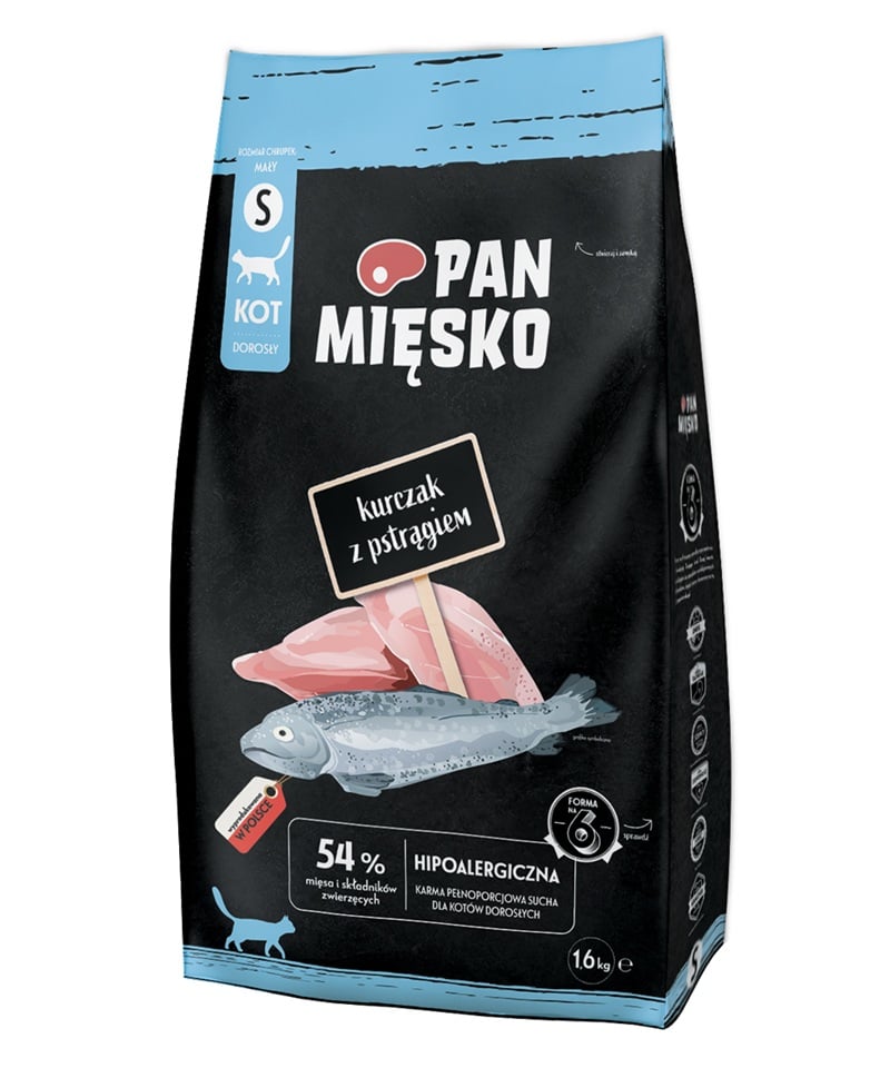PAN MIĘSKO Kurczak z pstrągiem dla kotów chrupki S 1,6 kg