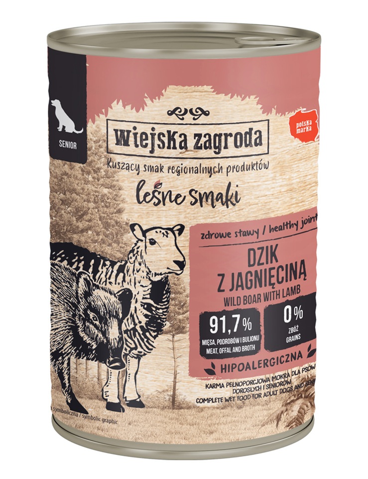 WIEJSKA ZAGRODA Leśne smaki Dzik z jagnięciną mokra karma dla psów starszych 400 g