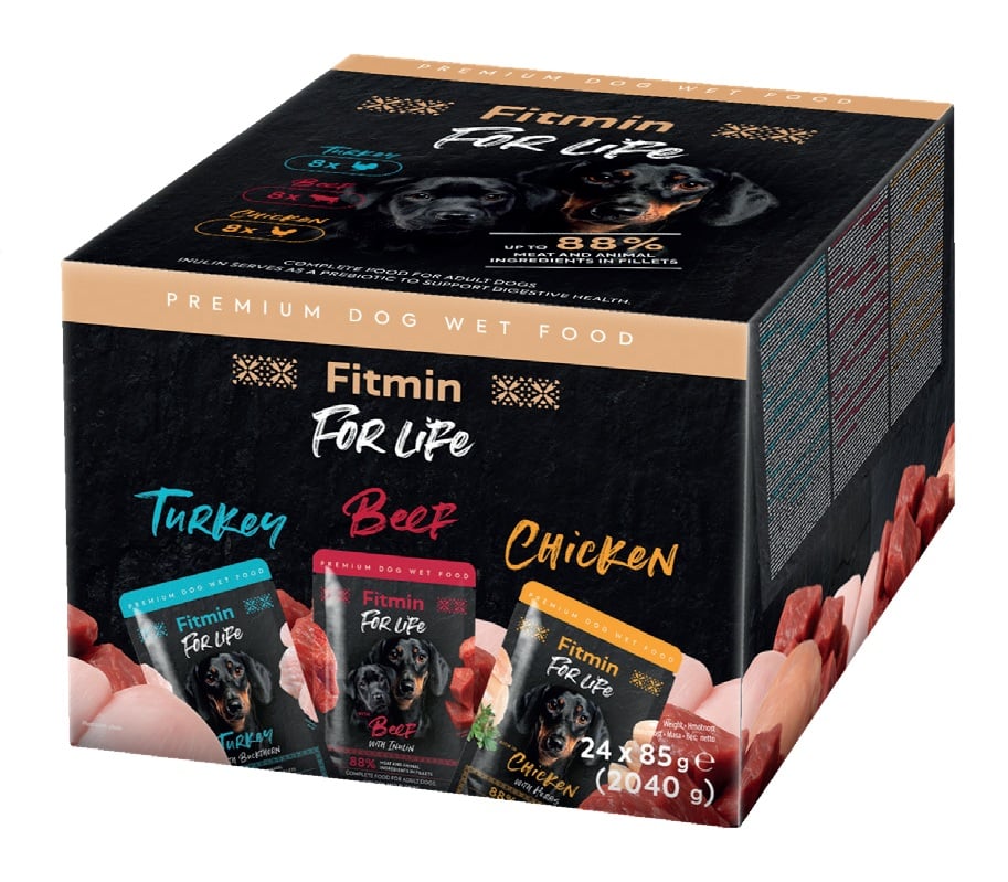 FITMIN For Life Dog Multipack 24x85 g saszetki dla psów z kurczakiem, z wołowiną i indykiem