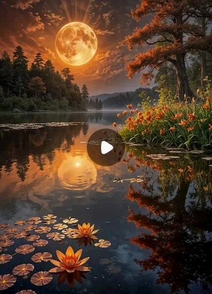 Diamentowa mozaika - Krajobraz pełnia księżyca nad jeziorem z liliami