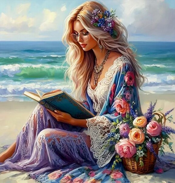 Diamentowa mozaika - Kobieta czytająca na wybrzeżu