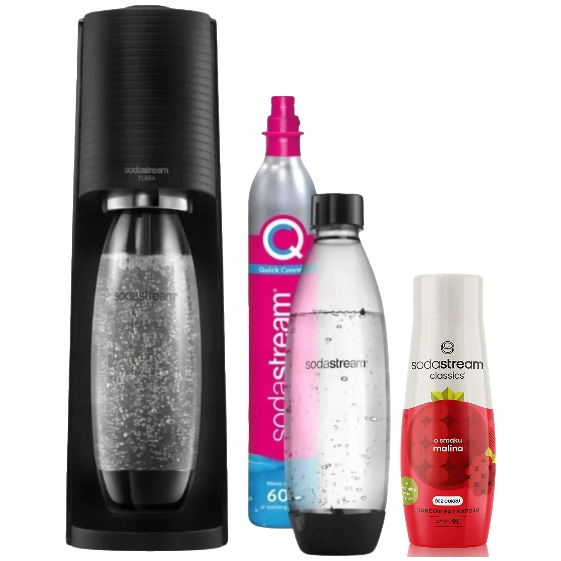Zestaw SODASTREAM Saturator Terra Black + nabój z gazem CO2 2x butelka Fuse 1l syrop malinowy 440ml Wielokolorowy