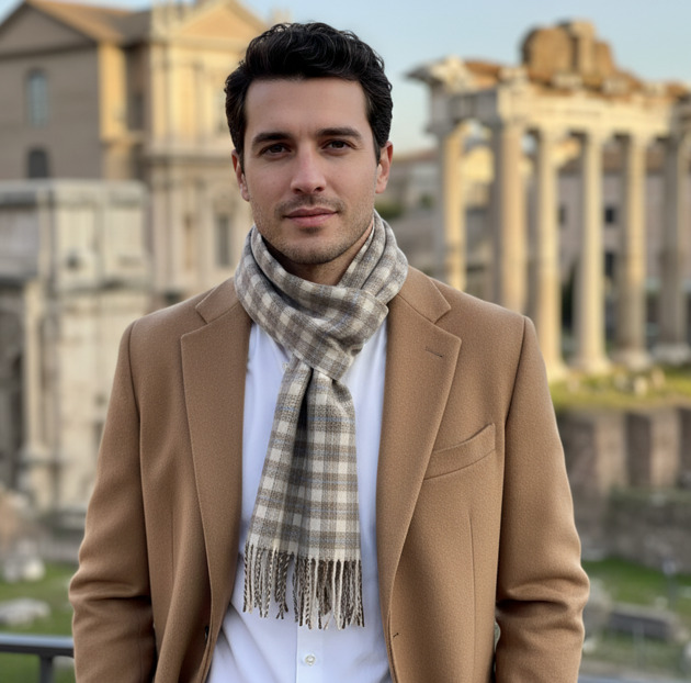 Szalik Męski Szary Brązowy Beżowy Kratka Wełna Kaszmir