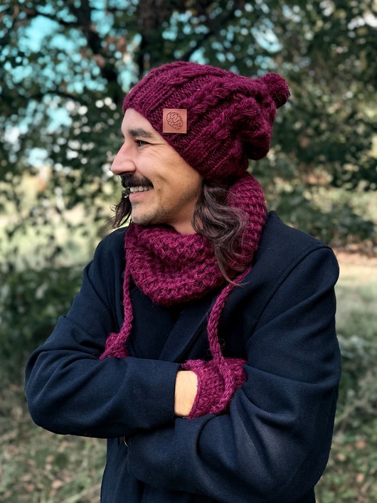 Męska czapka MERINO Smile Bordo + podszewka JEDWAB