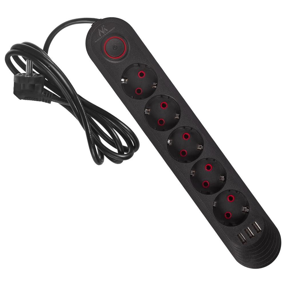 Listwa zasilająca Maclean MCE395 B, przedłużacz 5 gniazd + 3xUSB, 110-240V
