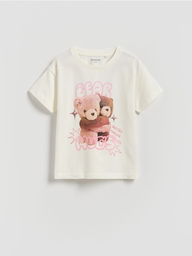 Reserved - Bawełniany t-shirt z nadrukiem - złamana biel
