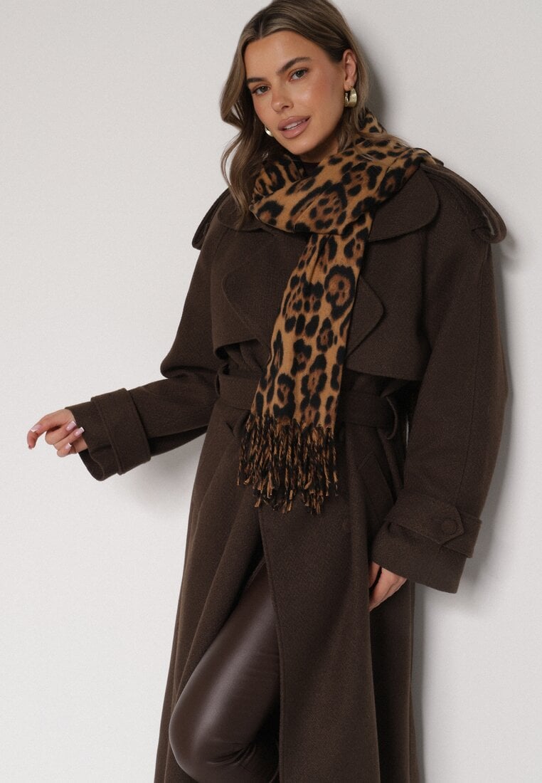 Brązowy Wiskozowy Szalik w Panterkę z Frędzlami Vetivada