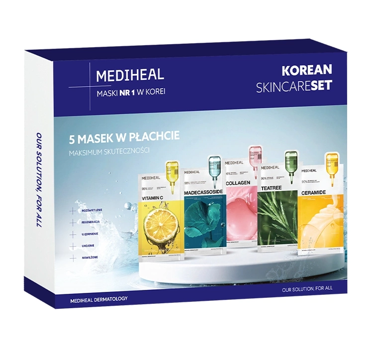 Mediheal Korean Skincare Set zestaw masek w płachcie Mediheal Vitamin C 24 ml + Mediheal Madecassoside 24 ml + Mediheal Collagen 24 ml + Mediheal Tea
