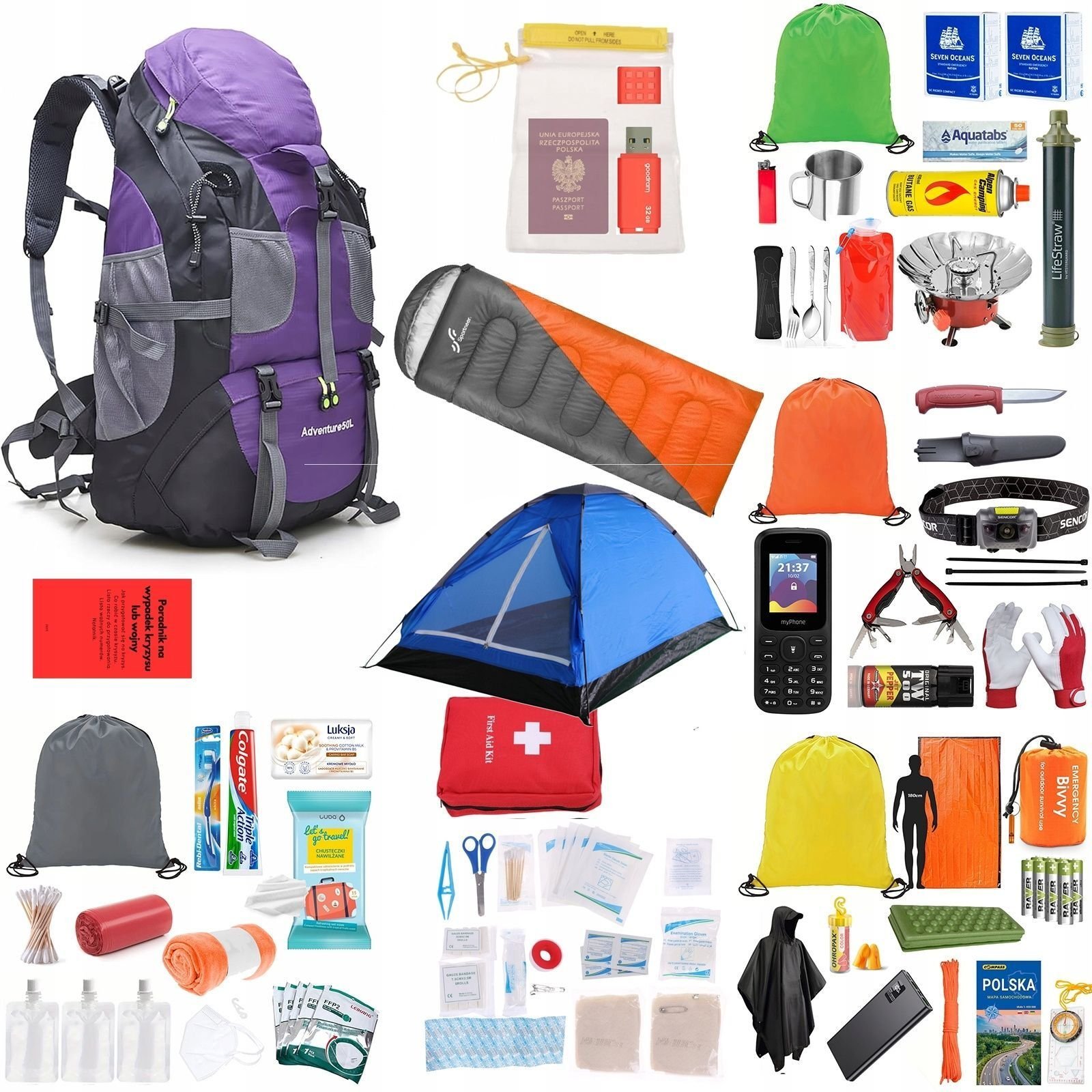 Plecak Ewakuacyjny Ucieczkowy z wyposażeniem ReadyPack namiot i śpiwór