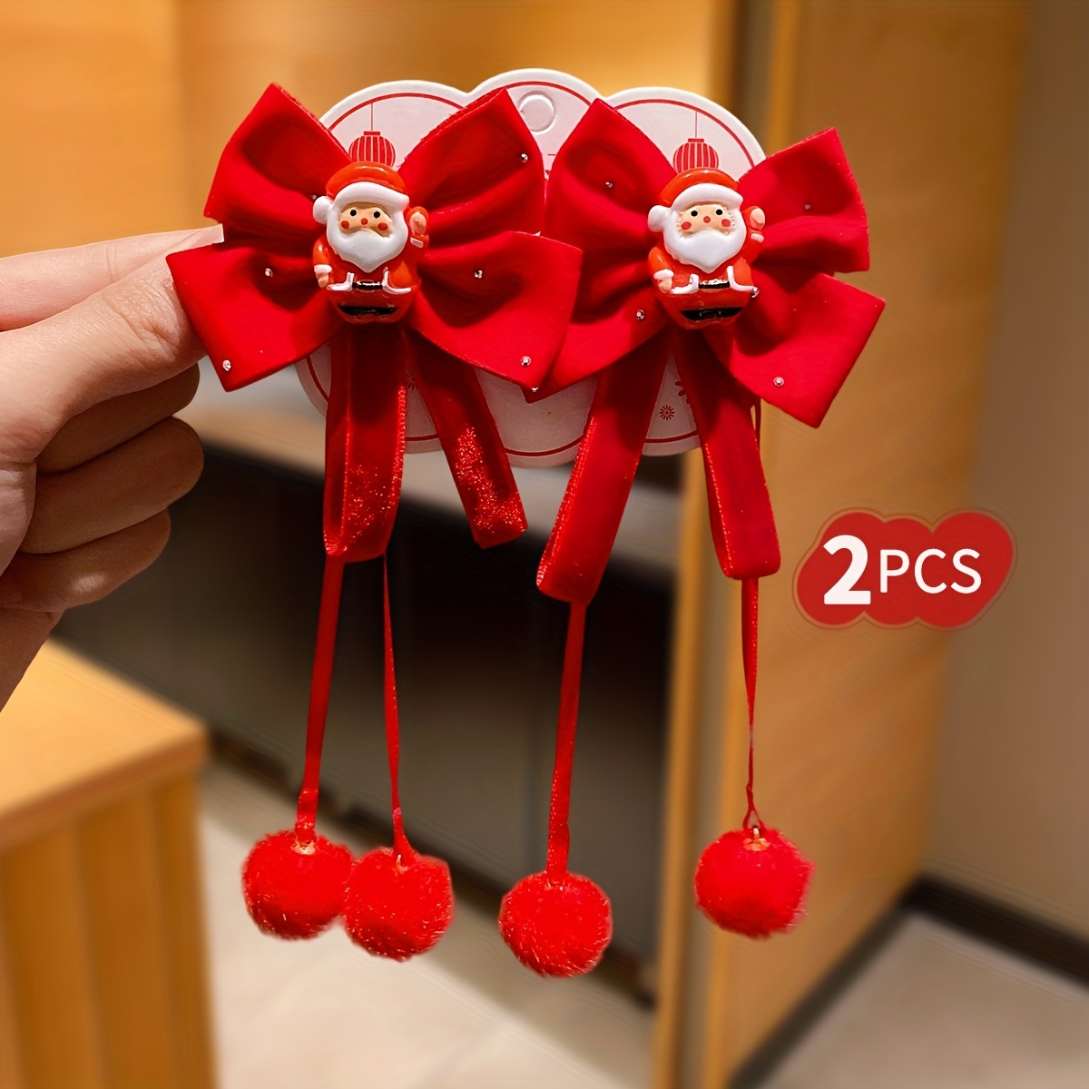 TEMU 2/4 szt. ' Jesień Aksamitne Świąteczne Sztuczne Klipsy do Włosów z Cyrkoniami i Kokardą Świętego Mikołaja, Idealne na Prezenty Świąteczne i