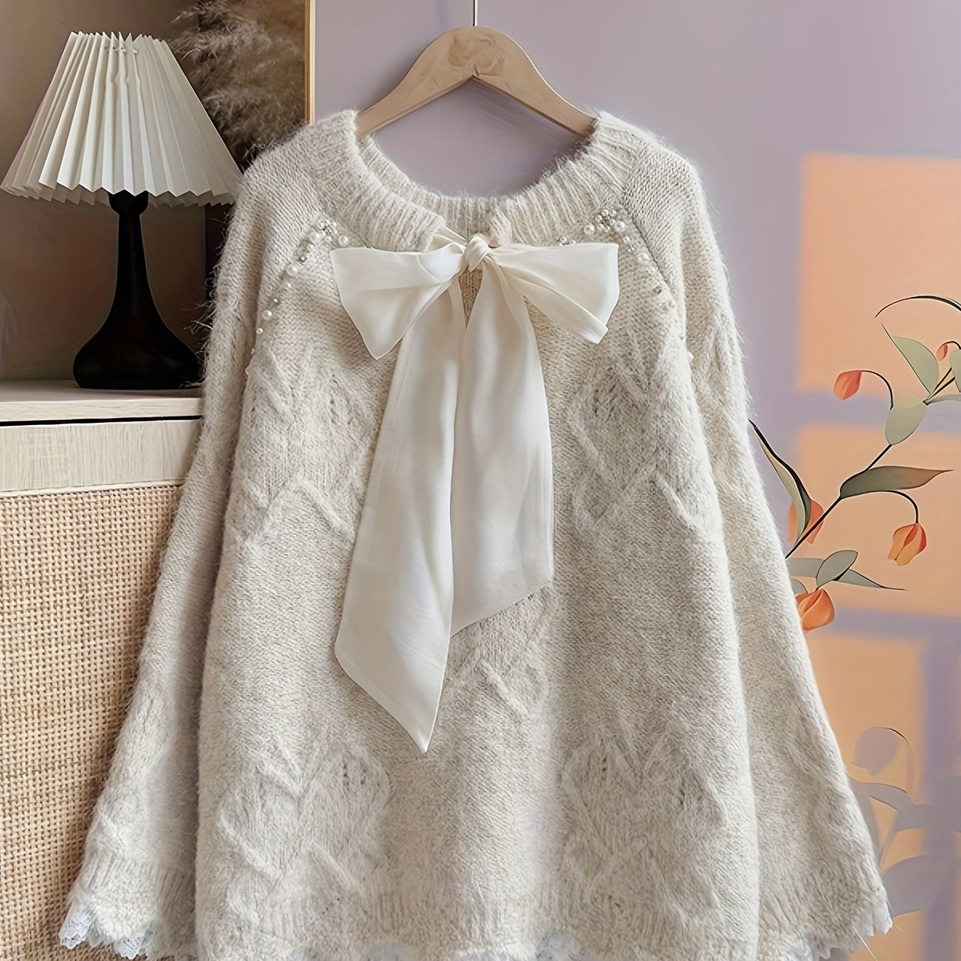 TEMU Sweter Damski z Koralikami - Elegancki, Miękko Pastelowy Beżowy Sweter o Teksturze Koronkowej, Bluzka z Długim Rękawem i Okrągłym Dekoltem na