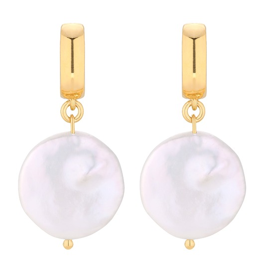 Złote kolczyki z dużymi płaskimi perłami