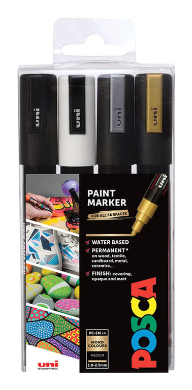 POSCA PC-5M Czarny, Złoto, Srebrny, Biały 4 szt.