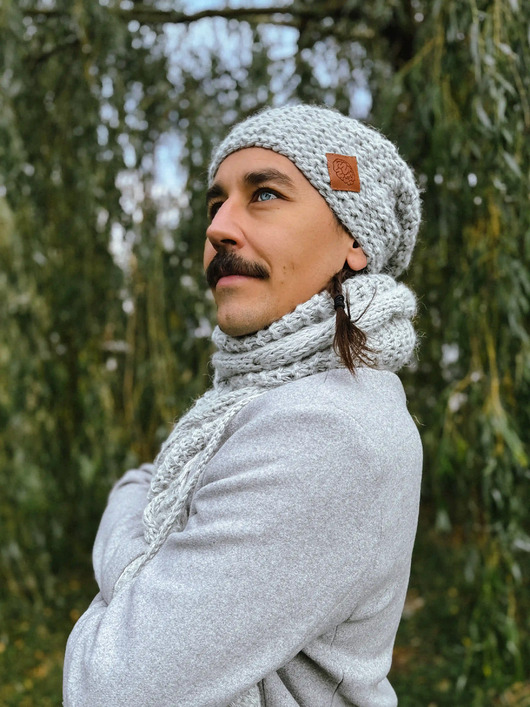 Męska czapka MERINO Neverland Wybielony szary + podszewka JEDWAB