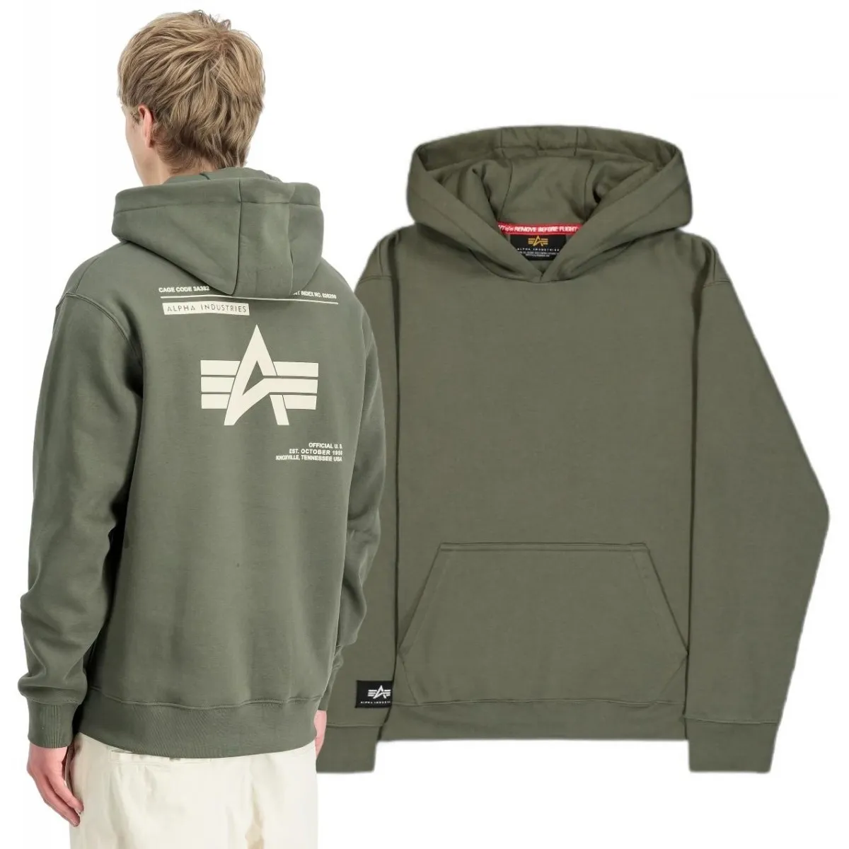 Alpha Industries Bluza z kapturem Label Backprint Hoodie 258333 142 - Ciemnooliwkowa