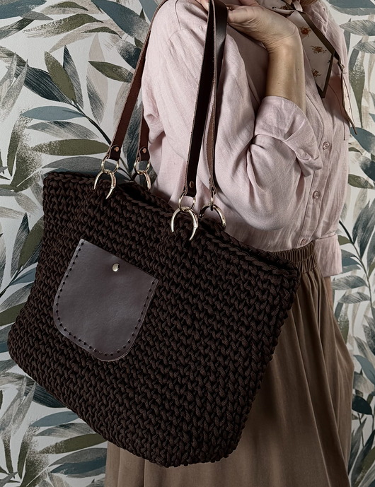 Shopperka Craftbags z lekkiego sznurka - czekoladowa z kieszonką