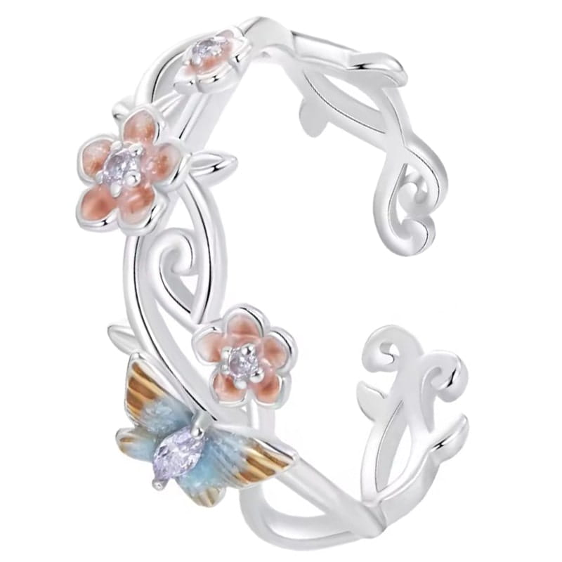 Pierścionek Srebrny - PIERŚCIONEK KWIATY I MOTYL