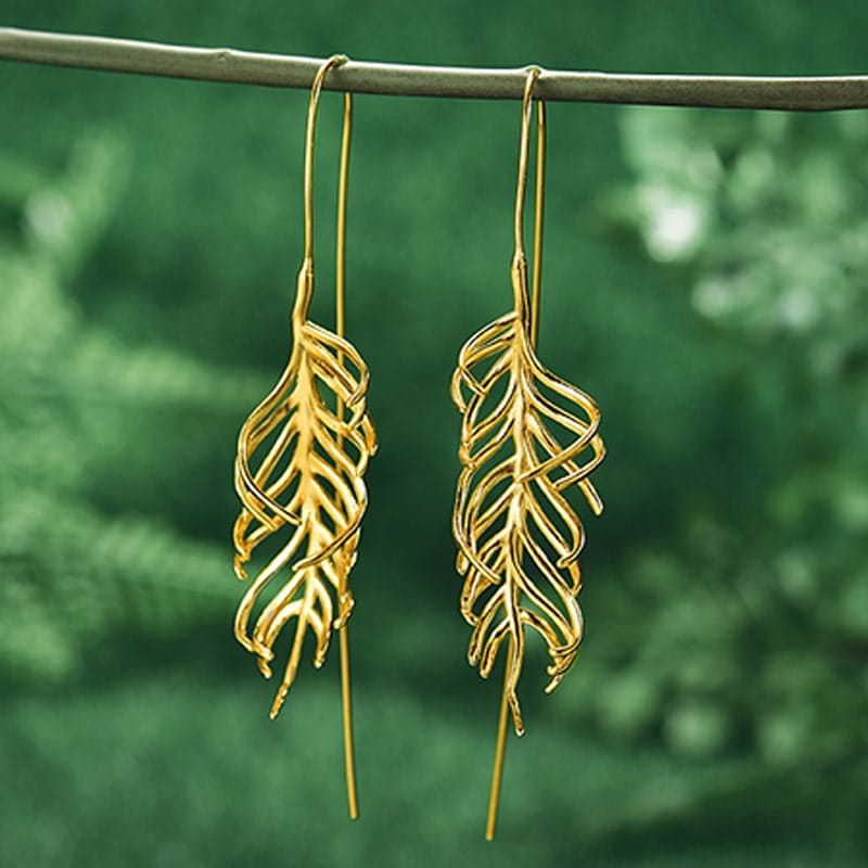 Kolczyki Złote - KOLCZYKI PIERZASTY LIŚĆ