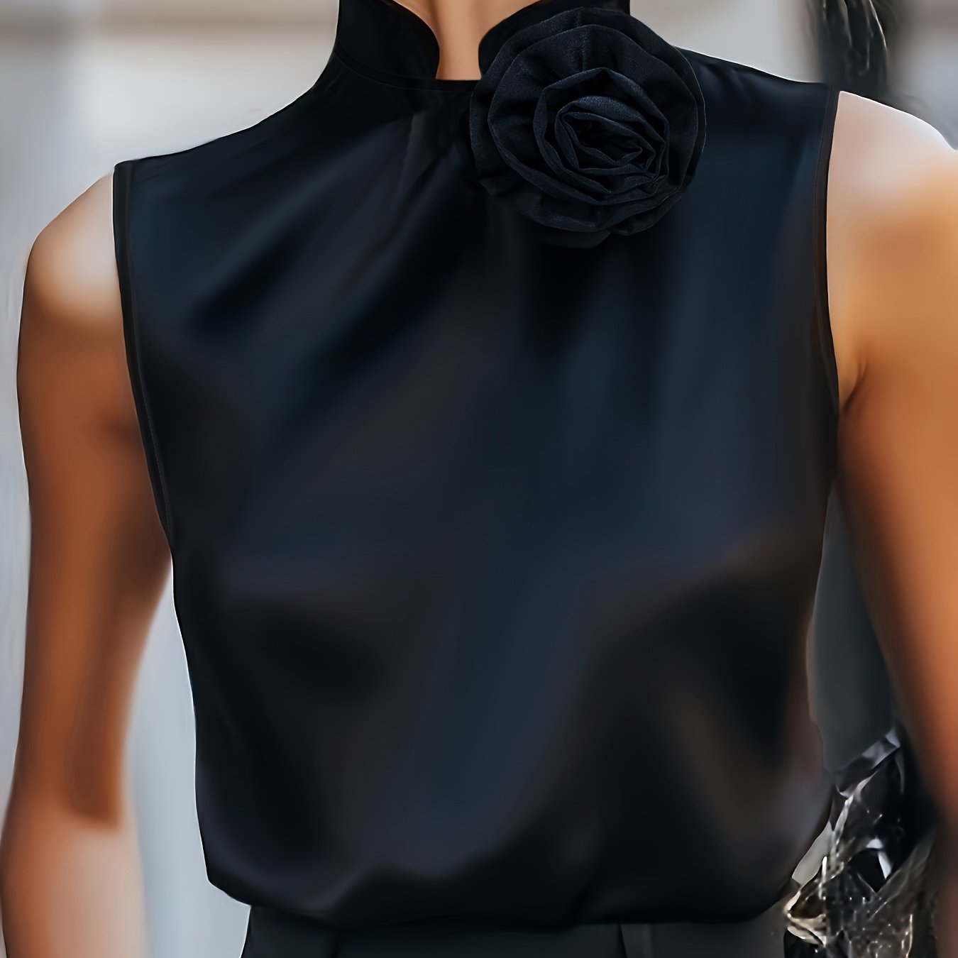 TEMU Elegancka koszula bez rękawów w jednolitym kolorze z kwiatowym wzorem 3D Stójka, uniwersalna na każdą porę roku, damskie koszule - ZLLZ