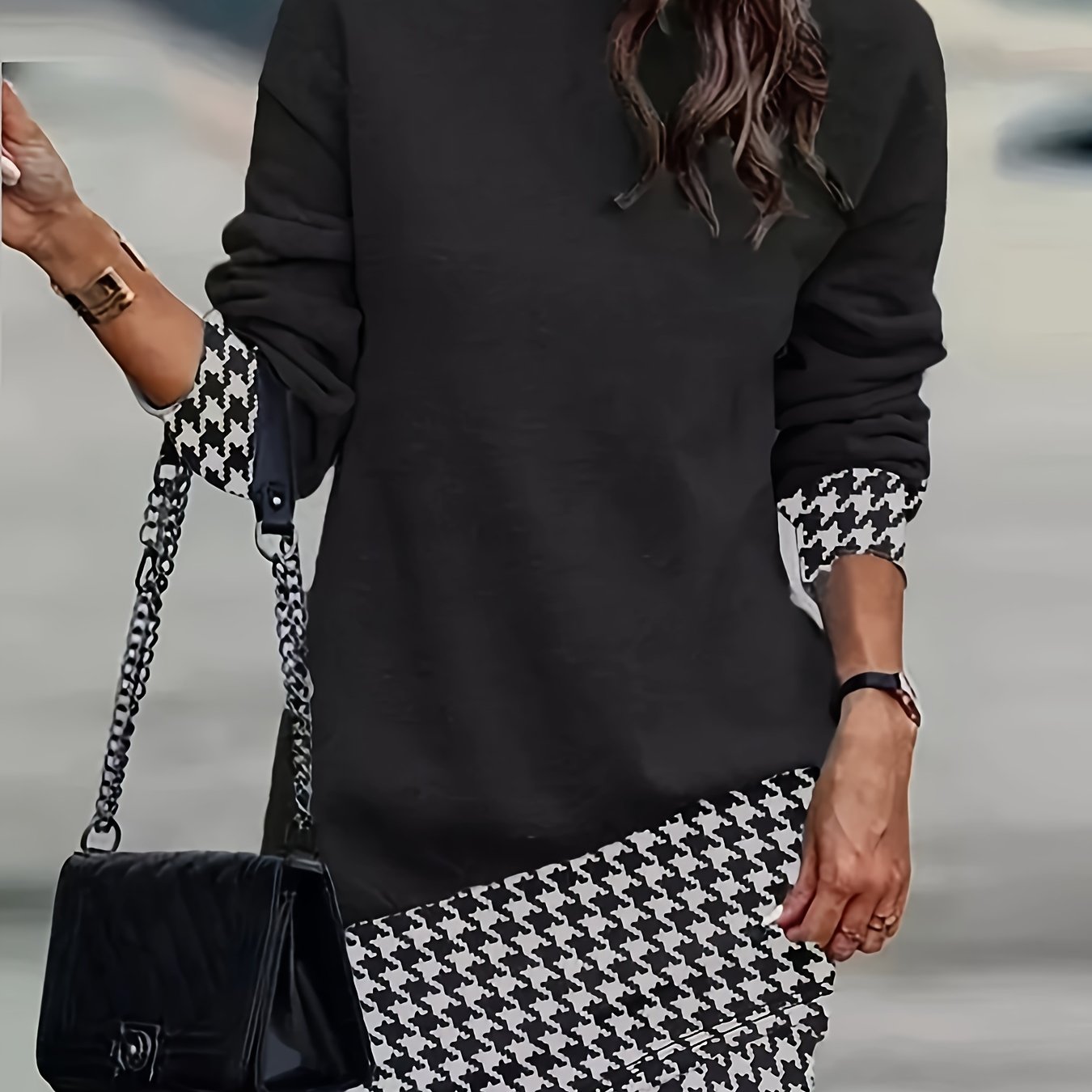 TEMU Sukienka w Kratę z Wysokim Kołnierzem - Elegancka Sukienka Zimowa do Kolan z Długimi Rękawami, Wzór w Kratę i Colorblock (Odpowiednia na Kratę,