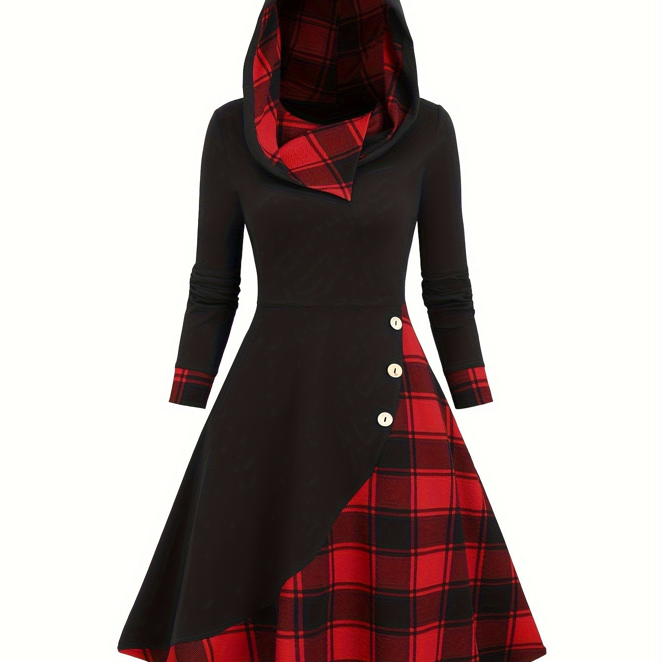 TEMU Sukienka damska z kapturem, casualowa, w kratę, z długim rękawem, dzianinowa, poliester 95% spandex 5%, krój A, moda jesień/, gramatura tkaniny