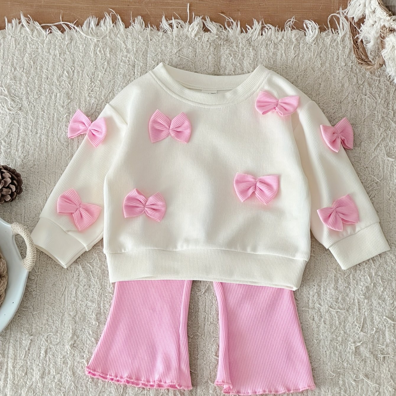 TEMU Dziewczęcy Dwuczęściowy: Urocza Bluza z Kokardką i Okrągłym Dekoltem + Różowe Słodkie Spodnie Rozkloszowane, Kolekcja Wiosna/Jesień, Długie