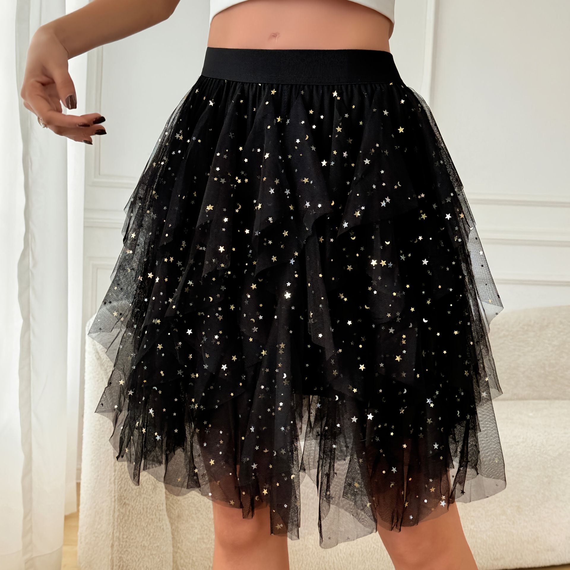 TEMU Obcisła Sukienka z Cekinami i Nieregularną Siateczką