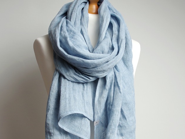 Szal lniany damski, lniany szalik na jesień,NIEBIESKI