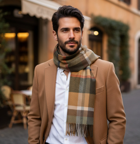 Szalik Męski Brązowy Karmelowy Kratka Wełna