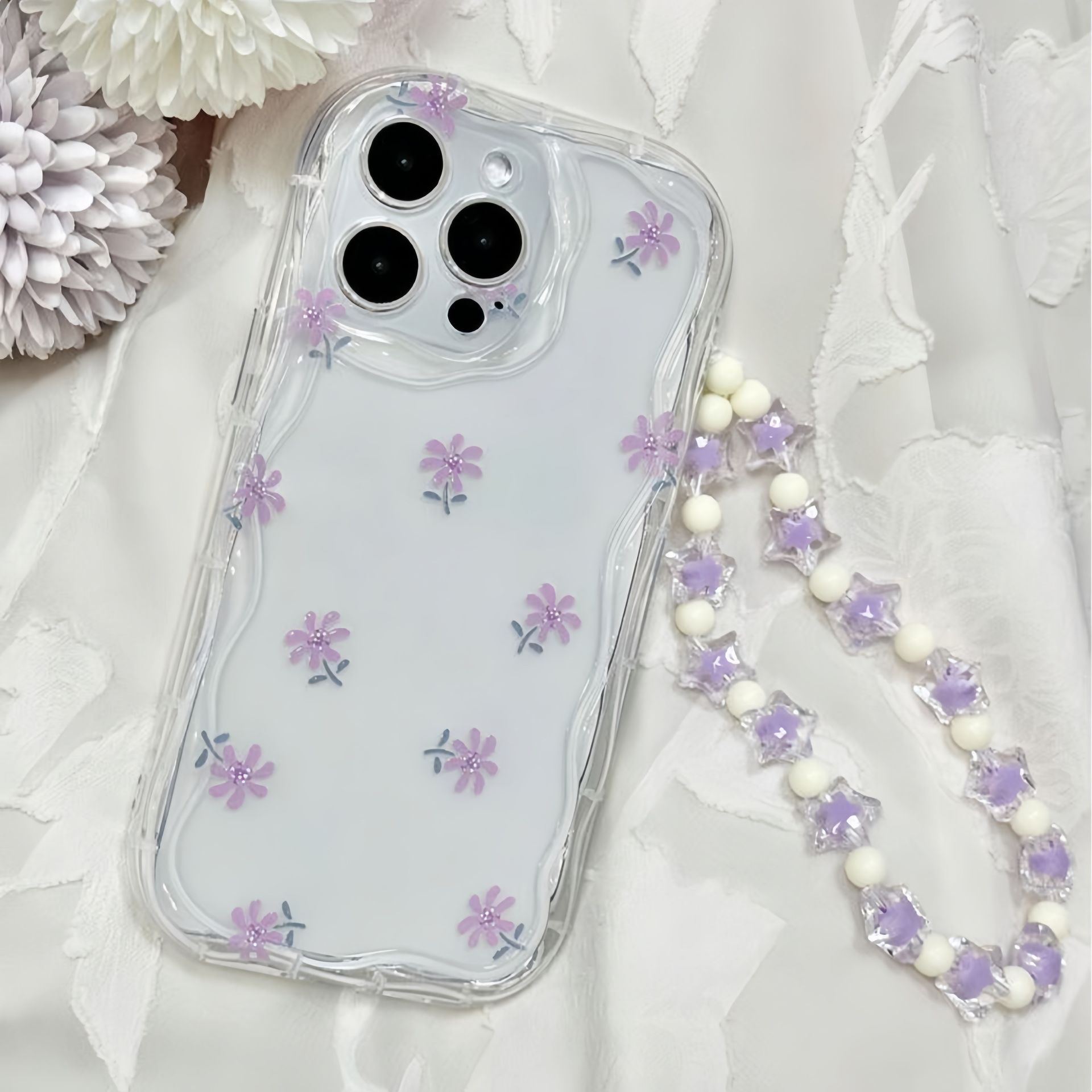 TEMU Przezroczysta etui na telefon z kwiatowym wzorem Fioletowy pasek z kwiatem, romantyczny i elegancki zestaw z paskiem, kompatybilny z iPhone 17