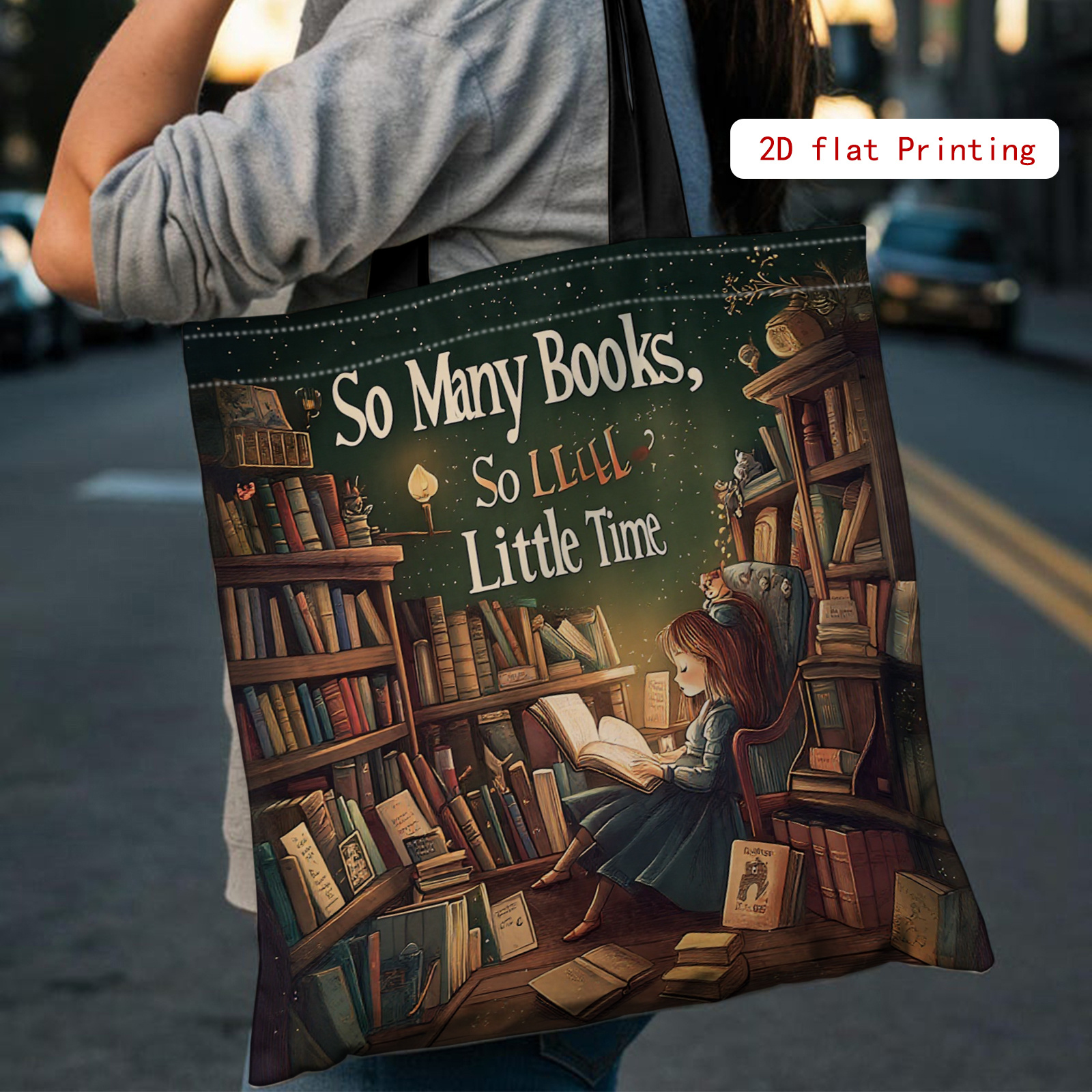 TEMU Torba Tote dla Kobiet z Motywem Książkowym i Nadrukiem „Tyle Książek, Tak Mało Czasu” – Duża Pojemność, Torba dla Miłośniczek Książek do Szkoły,