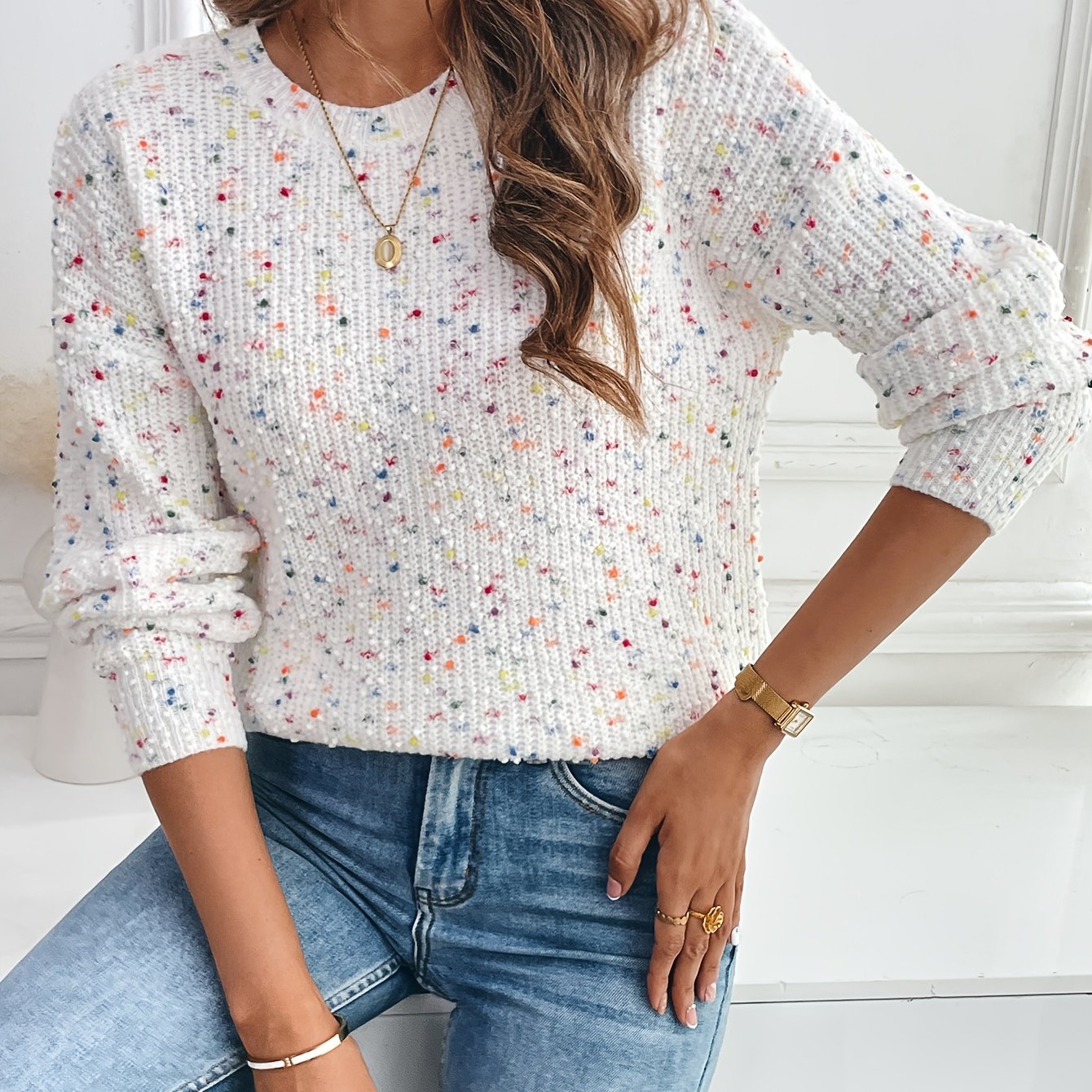 TEMU Elegancki damski sweter w kropki z okrągłym dekoltem i obniżonymi ramionami