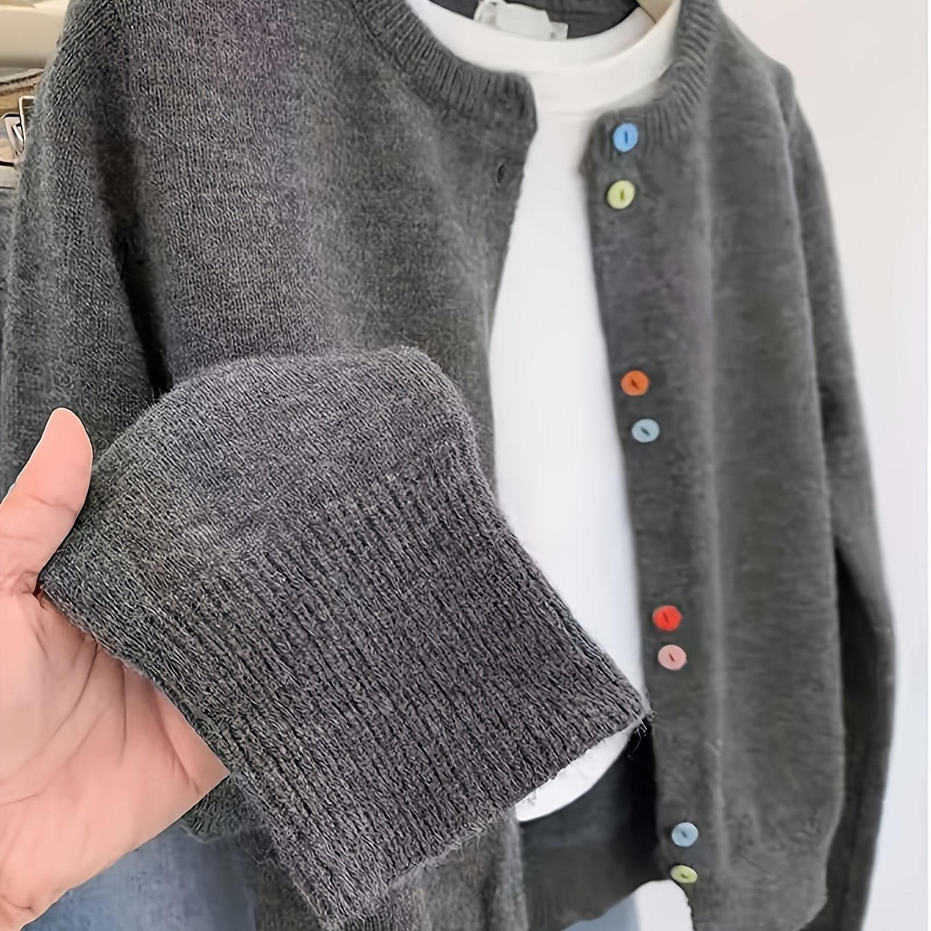 TEMU Damski Szary Kardigan Sweter - Miękki Blazer z Okrągłym Dekoltem i Guzikami, Całoroczna Casualowa i Formalna Odzież, Wszechstronny Szary Sweter