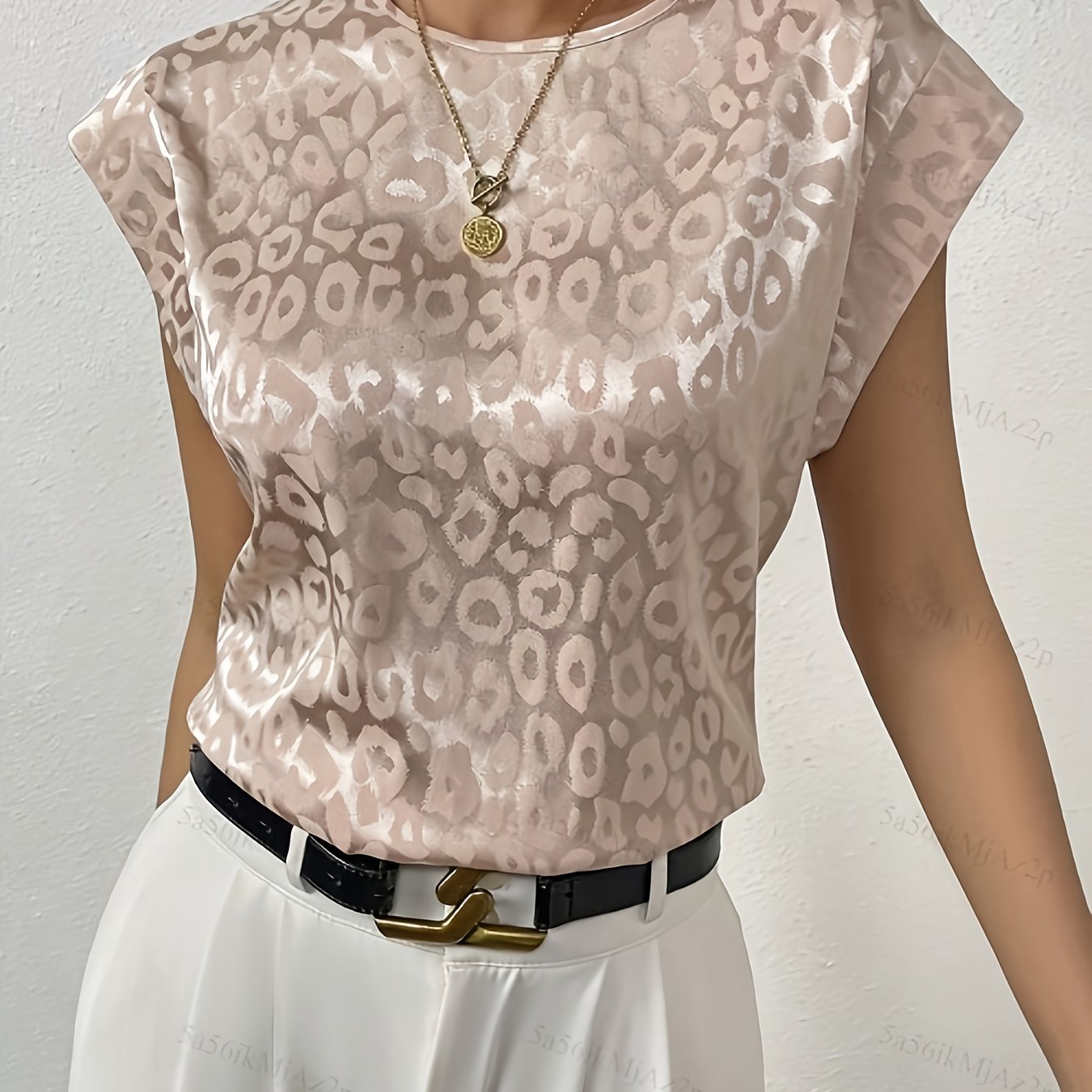 TEMU Elegancka Bluzka Damska w Lamparcie Wzory z Krótkim Rękawem - Beżowa i Brązowa Koszulka o Okrągłym Dekolcie, Nieelastyczny Top do Łokcia na Co