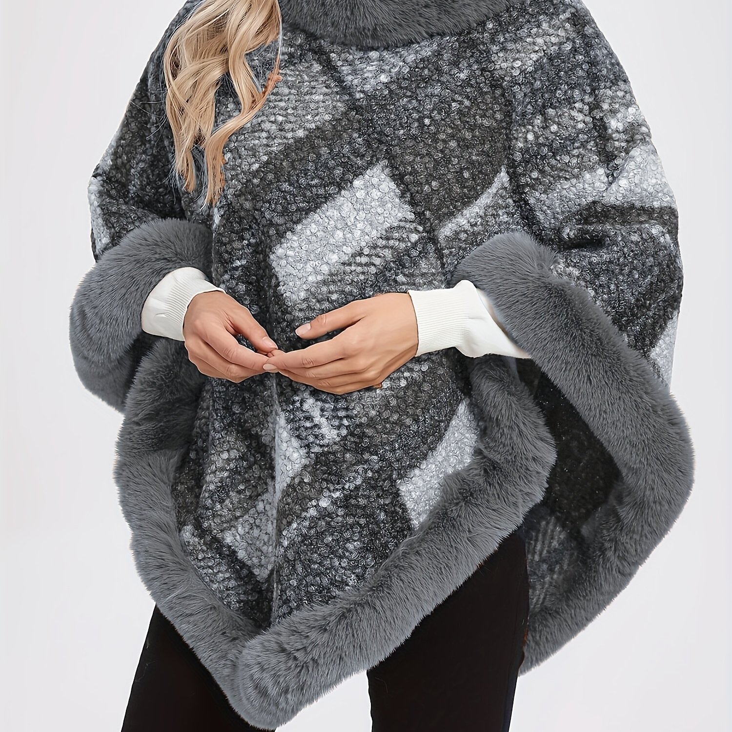 TEMU Elegancki Damski Kardigan z Okrągłym Dekoltem w Kratę z Faux Fur, 100% Poliester, Gruby i Ciepły Sweter na Jesień/Zimę do Pracy i Domu, Tylko