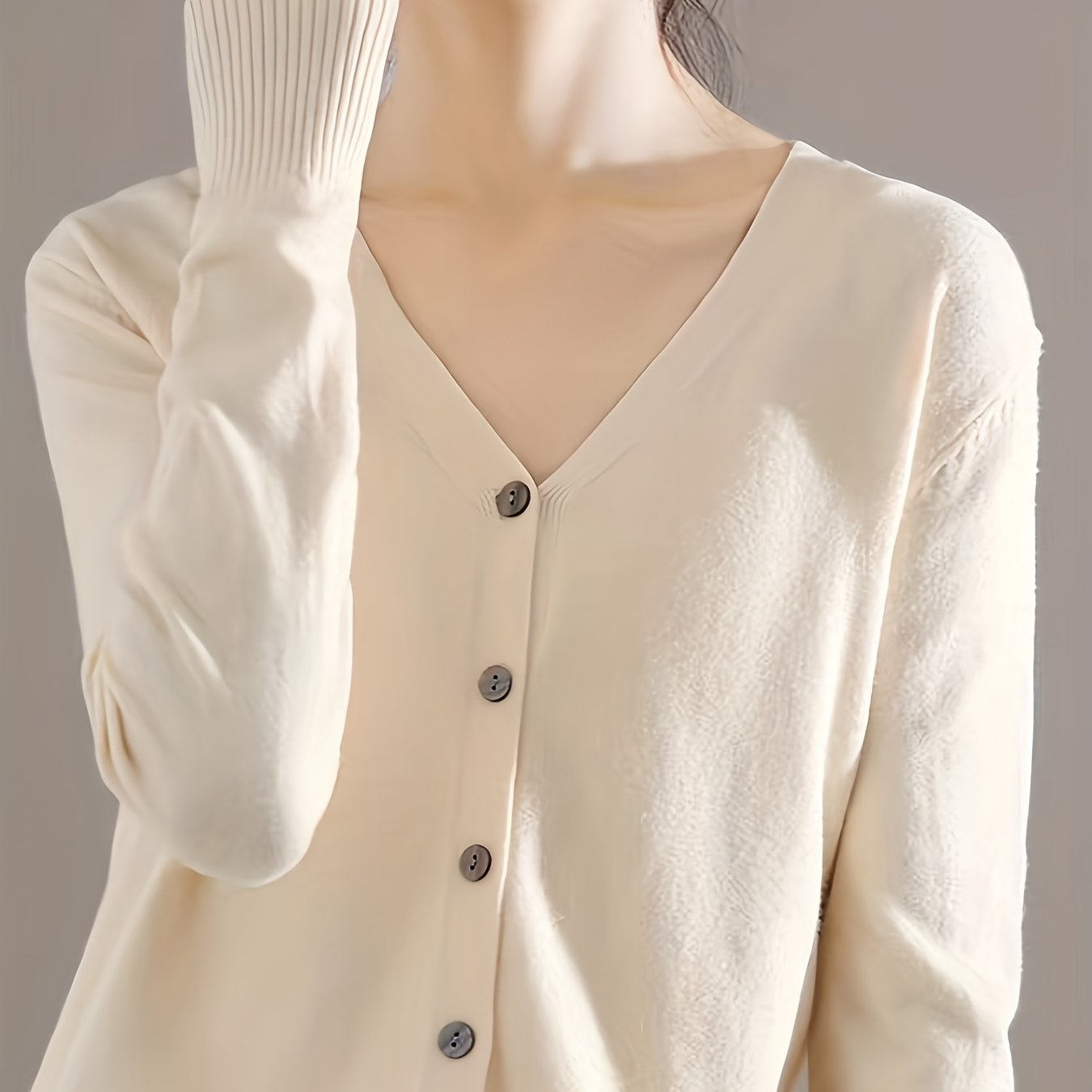 TEMU Jednokolorowy Miękki Kardigan z Dekoltem w Serek - Prosty, Elegancki i Uniwersalny Top Damski