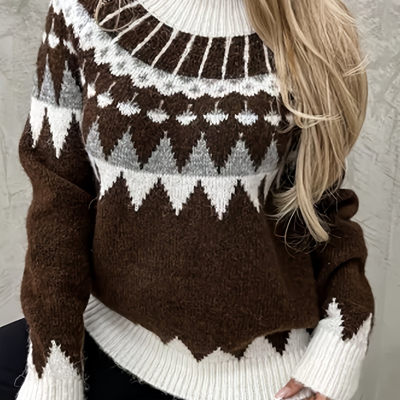 TEMU 2025 Casualowy Sweter z Wzorem Jacquard, Wygodny Styl Lazy, Długi Rękaw, Dekolt Okrągły, Vintage Pullover - Miękka i Komfortowa Tkanina, Ciepła