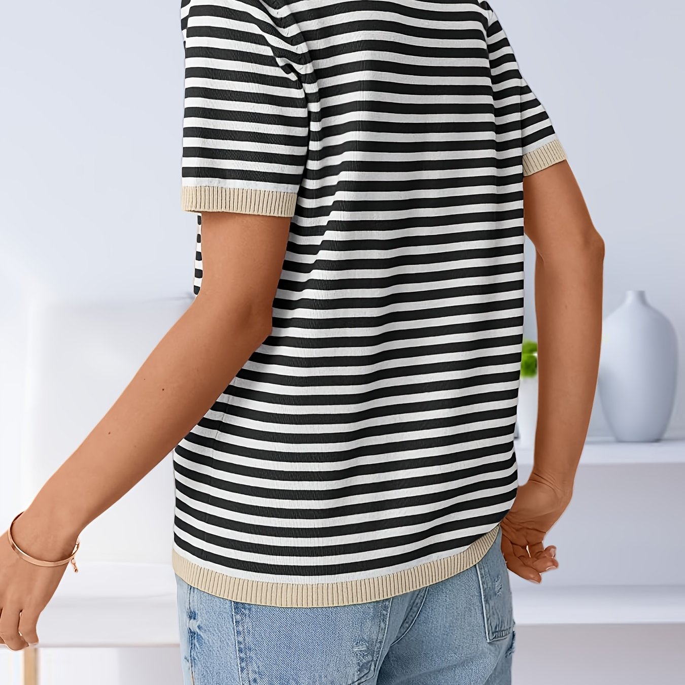 TEMU Sweter damski w czarno-niebieskie paski poziome - Elegancka bluzka z kieszenią na pierś, pranie maszynowe, casual i formalne stylizacje -