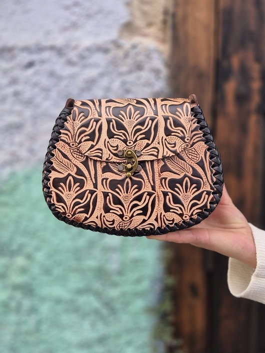 Torebka skórzana Julia beżowa kwiaty ręcznie robiona